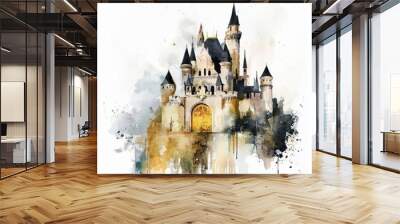 watercolor painting of a castle with golden gates, on isolated white background Wall mural