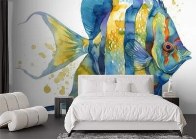 watercolor painting of a colorful angelfish with flowing fins, on isolated white background Wall mural