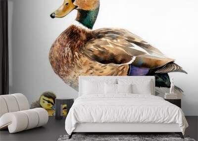 watercolor painting of a duck with its ducklings, on isolated white background Wall mural