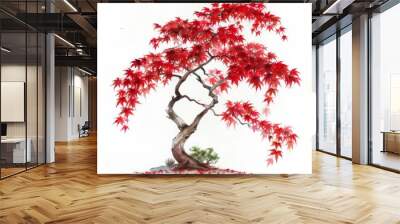 Watercolor painting of a graceful Japanese maple tree with vibrant red leaves in a tranquil garden setting, Generative AI  Wall mural