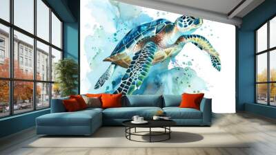 Watercolor painting of a graceful sea turtle gliding through crystal-clear waters, on isolated white background, Generative AI Wall mural