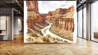 Watercolor painting of a harsh, arid canyon, with sheer cliffs and a narrow river winding through the rocky terrain, on isolated white backgrou, Generative AI Wall mural