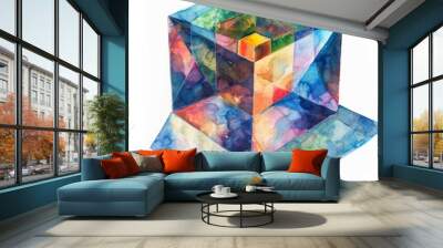 Watercolor painting of a hypercube floating in a cosmic void, casting shadows and reflections in all directions, on isolated white background, Generative AI Wall mural