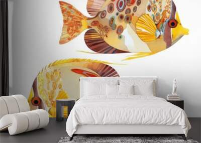 watercolor painting of a pair of butterflyfish with intricate patterns, on isolated white background Wall mural