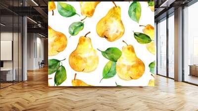 Watercolor painting of a pattern with juicy pears, on isolated white background Wall mural