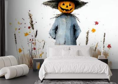 Watercolor painting of a scarecrow in a field with golden wheat and pumpkins, on isolated white background Wall mural