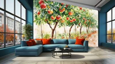 Watercolor painting of a sunlit orchard with ripe fruits ready for picking, on isolated white background Wall mural