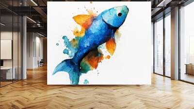 Watercolor painting of an origami fish swimming through soft blue water, on isolated white background Wall mural