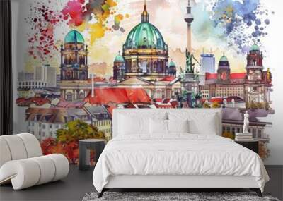 Watercolor painting of Berlin’s modern cityscape and historical sites, on isolated white background Wall mural