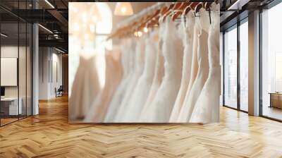 Different wedding dresses hanging on hanger in bridal shop boutique salon Wall mural