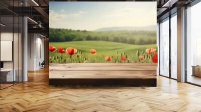 Empty old wooden table with beautiful summer day over poppy field background, Template, Mock up  Wall mural