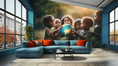 Group of African children holding planet earth planet earth, Generative AI Wall mural