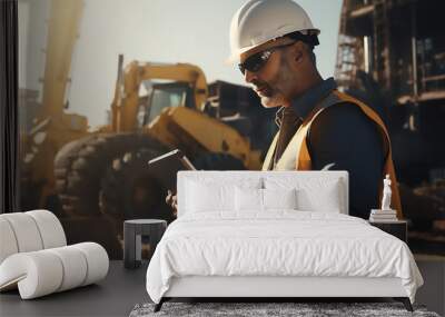 Male Civil Engineer Wearing Protective Goggles And Using Tablet On Construction Site On Sunny Day. Man Inspecting Building Progress. Excavator Loading Materials Into Big Industrial Truck Wall mural