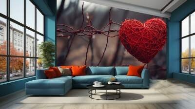 Red heart symbol wrapped in barbed wire fence. Valentines day and love concept, Background, Template Wall mural