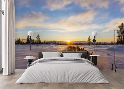 Dog sledding with huskies in beautiful sunset Wall mural