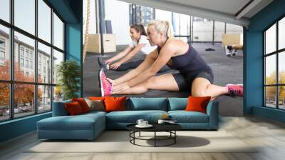 Two women stretching at the fitness gym Wall mural