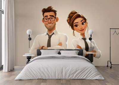 Cartoon-style depiction of two office workers standing next to each other with arms crossed and smiling Wall mural