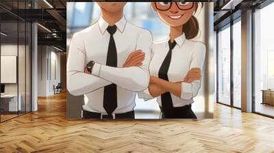 Cartoon-style depiction of two office workers standing next to each other with arms crossed and smiling Wall mural