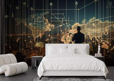 A businessman plots the expansion of his company against the backdrop of the world economic crisis. exchange of data and analysis on international networking. Generative AI. Wall mural