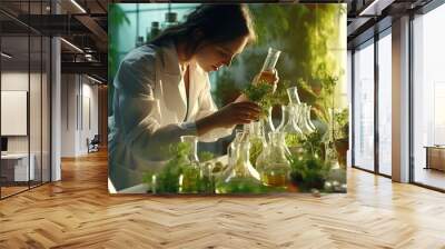 Alternative green herb medication, natural organic and scientific extraction in glassware, scientist with experience in natural drug research. Generative AI. Wall mural