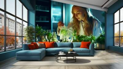 Alternative green herb medication, natural organic and scientific extraction in glassware, scientist with experience in natural drug research. Generative AI. Wall mural