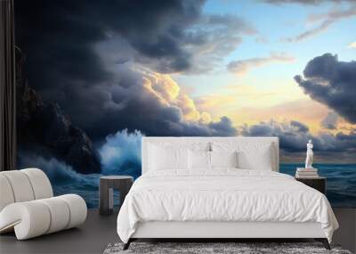 Dramatic Ocean Waves Against Cloudy Sky at Dusk Wall mural