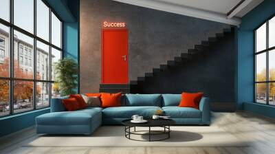 Red Door to Success with Stairs in Dark Room Wall mural