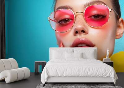 Vibrant Portrait of Woman in Stylish Sunglasses Wall mural