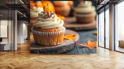 Autumn pumpkin cupcakes or baked muffins with fresh pumpkin for Thanksgiving day.  Wall mural