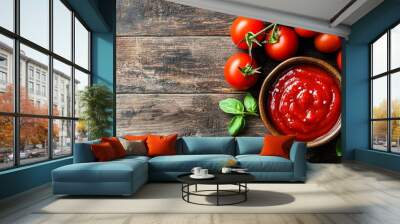 bowl of ketchup or tomato sauce and fresh tomatoes on wood table Wall mural