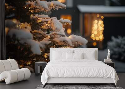 Christmas tree with snow on it and lights Wall mural