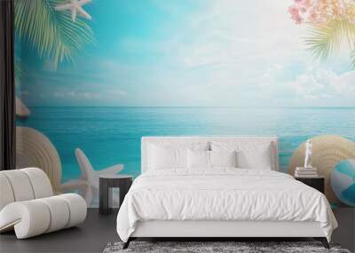 Fresh sunny summer background with beach accessories floating in blue ocean and circle frame space for text --ar  Wall mural