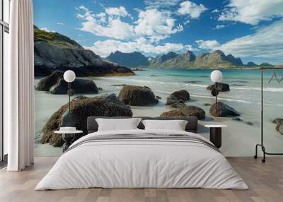 Rocks on the beach of Uttakleiv, Lofoten, Norway, Europe Wall mural