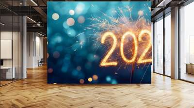 Sparkler Happy New Year text colorful firework illumination on dark blue sky background, happy new year 2025 concept Wall mural