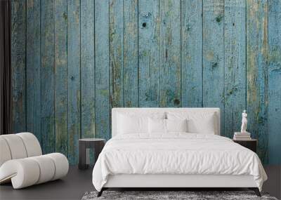 Vintage wood background with blue peeling paint. Wall mural