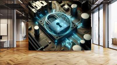 
Image of a motherboard being locked with a padlock as a secure connection or cyber security service concept. Generative AI. Wall mural