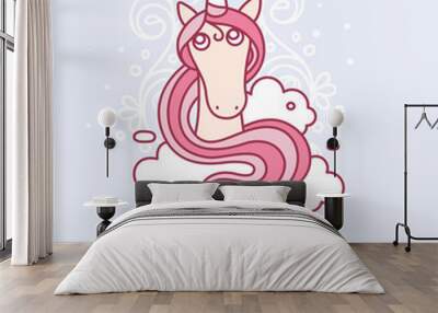 Vector illustration of cute magic unicorn head with horn, pink m Wall mural