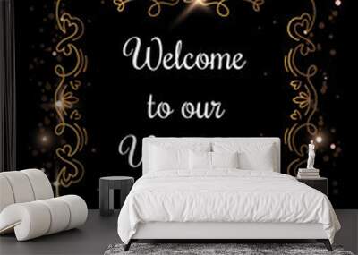 Vector shine template illustration with golden curly frame with heart and invitation words on black background. Wall mural