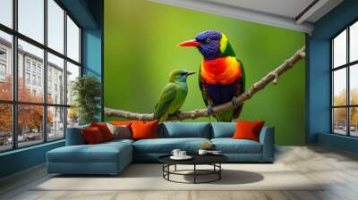 Colorful Birds Perched on a Branch Wall mural