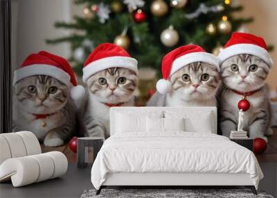 four kittens dressed in santa hats posing for christmas Wall mural