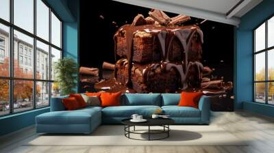 Juicy Brownies, Homemade brownies cake cookies with chocolate, on dark background copy space Wall mural