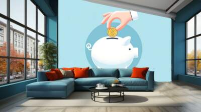 Graphic image of a coin being saved into a piggy bank perfect for financial planning savings strategies and economic education visuals Wall mural