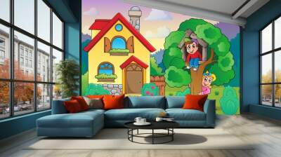 Children playing near house theme 2 Wall mural