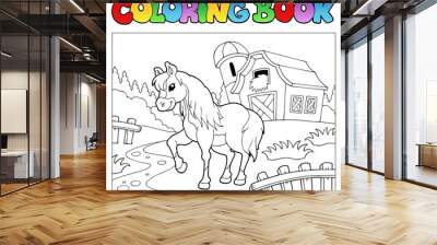 Coloring book with farm and horse Wall mural