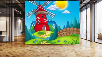 country landscape with red mill Wall mural