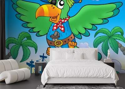 Flying pirate parrot with boat Wall mural