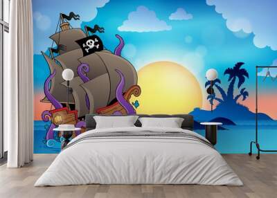 Pirate ship near small island 2 Wall mural