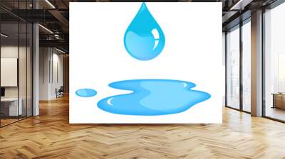 Water drop and spill. Blue water drop and water spill. Isolated water drop in vector. Water drop on white background. Wall mural