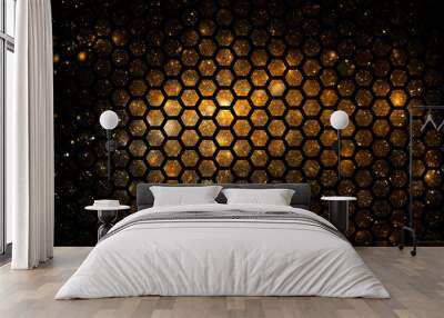 Abstract geometric texture with golden sparkles on black background. Fantasy hexagonal fractal design. Digital art. 3D rendering. Wall mural