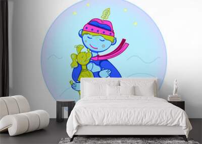 Vector colorful boy dressed in a pink hat with feather hugging a dog, both surrounded by water waves, stones, paper ship. Pet by one paw is standing on stone among water so the kid is like saving him. Wall mural